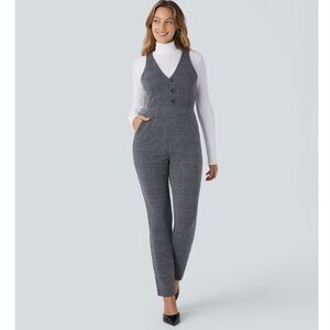V Neck Button Sleeveless Houndstooth Work Jumpsuit